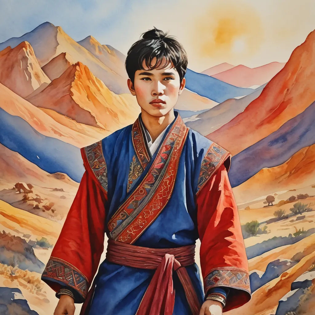 a painting of a young man in a blue and red outfit with mountains in the background and a sky, figurative art, a watercolor painting, Ding Guanpeng, detailed painting