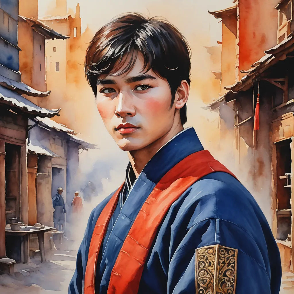 a painting of a man in a chinese costume standing in front of a building with a red ribbon around his neck, figurative art, a photorealistic painting, Choi Buk, detailed painting