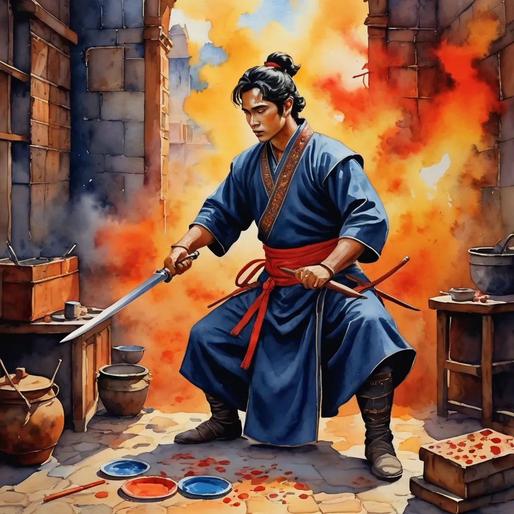 a painting of a man holding a sword in a room with fire coming out of it and a fire coming out of the wall, fantasy art, a character portrait, Dai Jin, epic fantasy character art