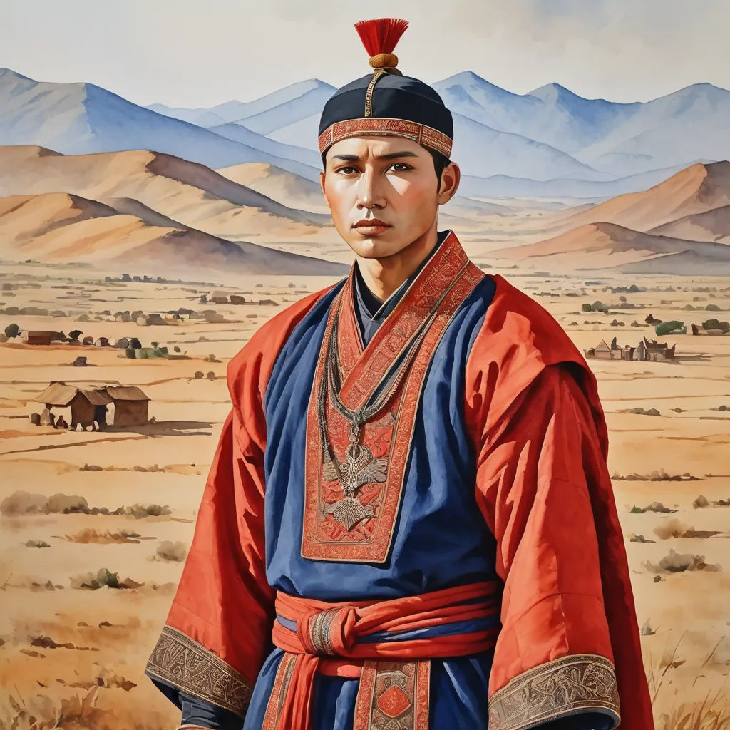 a painting of a man in a red and blue outfit in a desert landscape with mountains in the background, classical realism, a detailed painting, Byeon Sang-byeok, detailed painting
