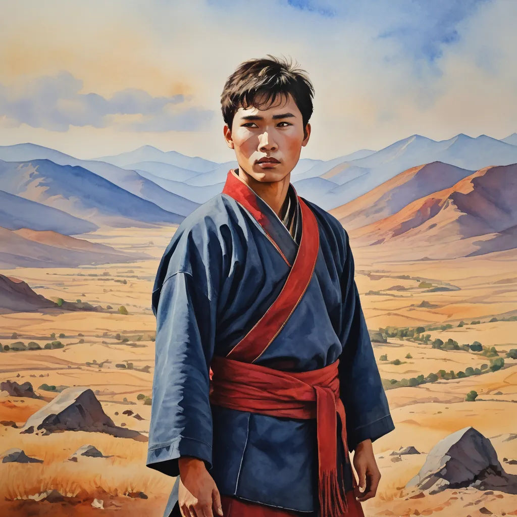 a painting of a man in a kimono standing in a desert landscape with mountains in the background and a cloudy sky, photorealism, a photorealistic painting, Ding Guanpeng, highly detailed oil painting