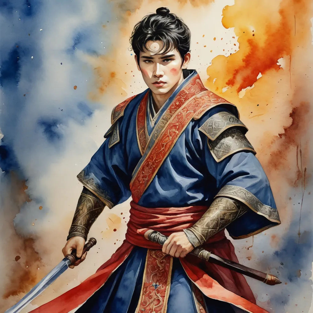 a painting of a man in a blue and red outfit holding a sword and wearing a red and blue outfit, fantasy art, a watercolor painting, Choi Buk, epic fantasy character art