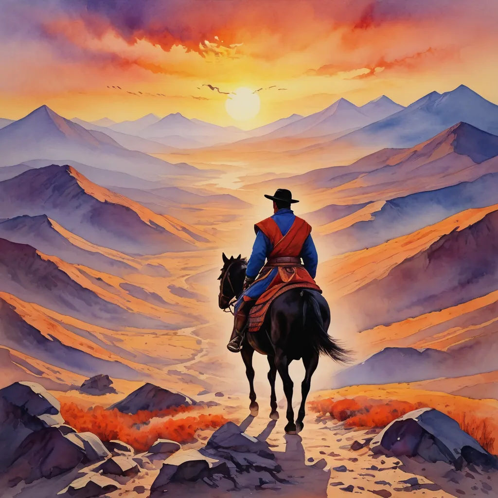 a painting of a man riding a horse on a mountain trail at sunset with a bird flying overhead in the distance, fantasy art, an airbrush painting, Don Maitz, western comic book art