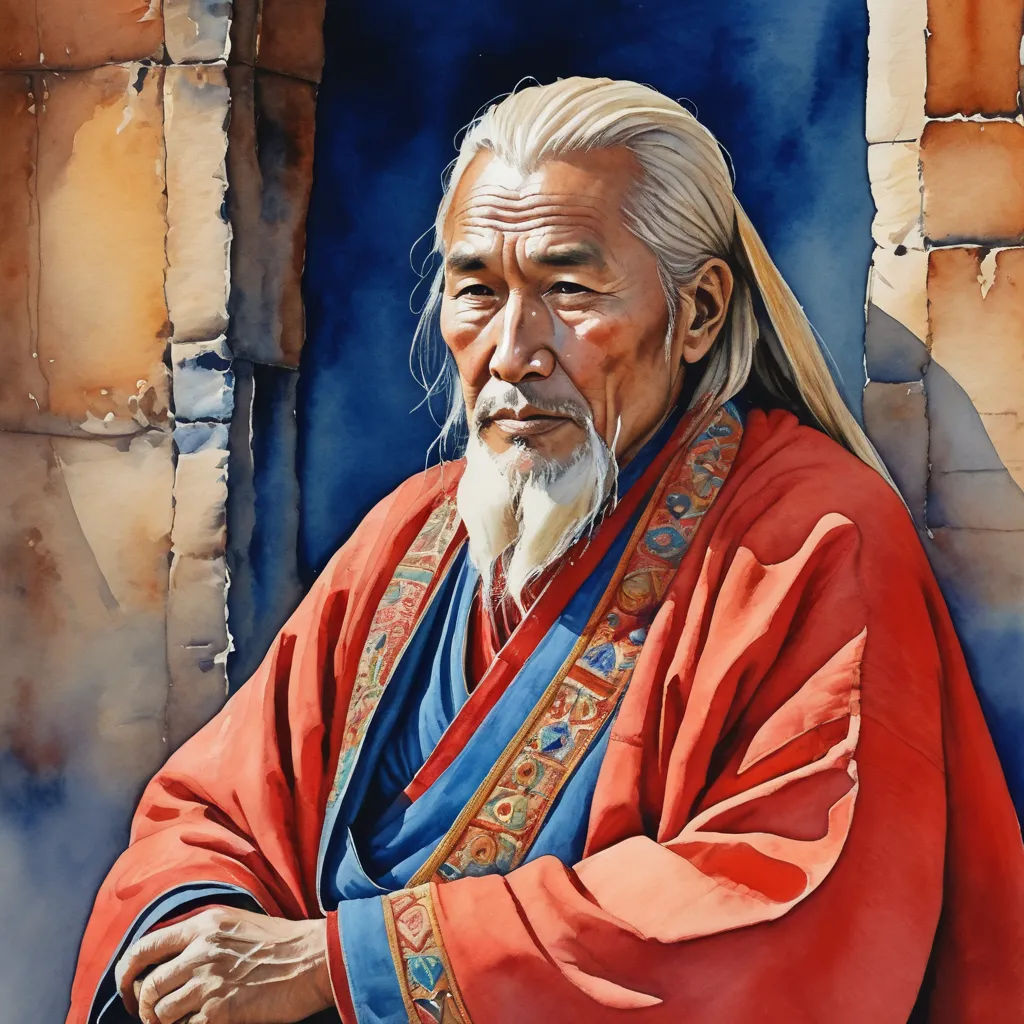 a painting of a man with a long white hair and a red robe and a blue robe on his head, figurative art, a watercolor painting, Fang Congyi, in gouache detailed paintings