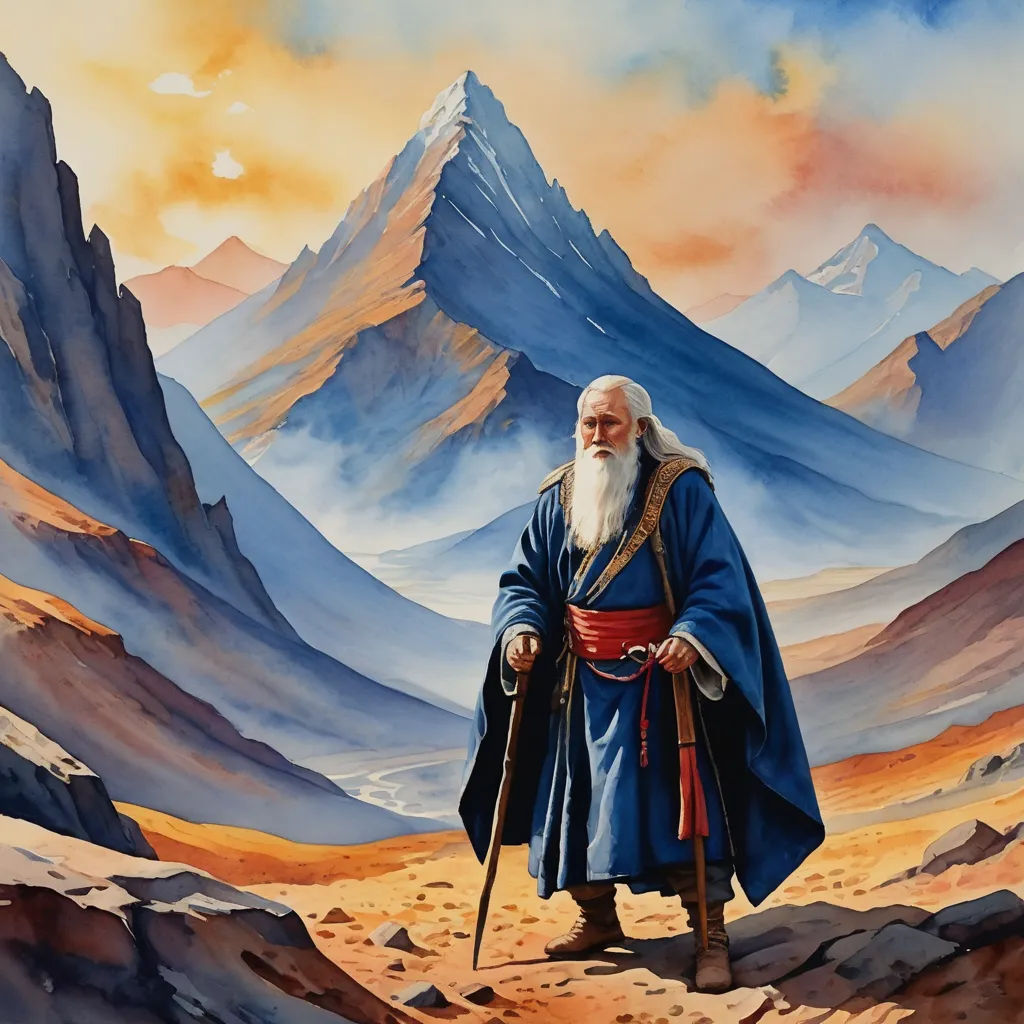 a painting of a man with a long white beard and a long beard in a blue robe and red pants, fantasy art, a detailed matte painting, Christophe Vacher, matte fantasy painting