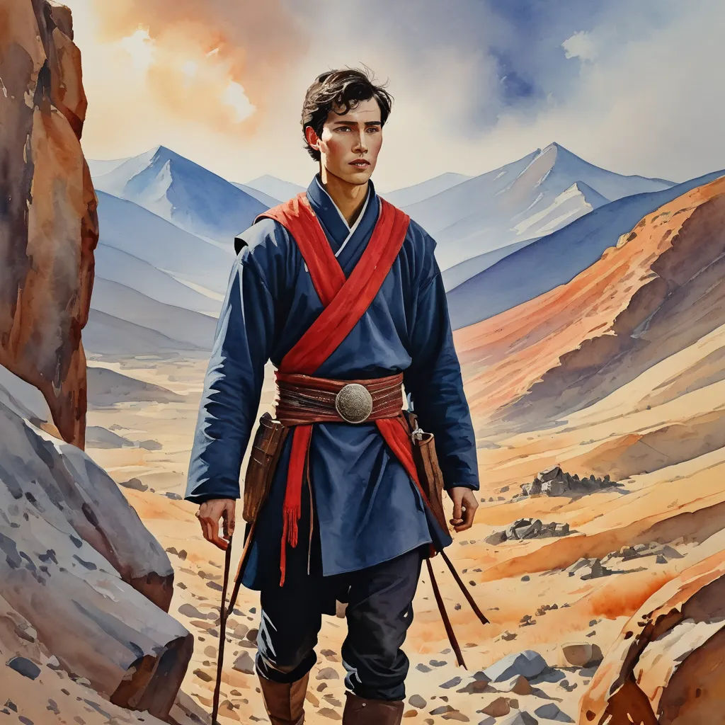 a painting of a man in a blue and red outfit standing in a desert landscape with mountains in the background, fantasy art, a character portrait, Colin Middleton, book cover