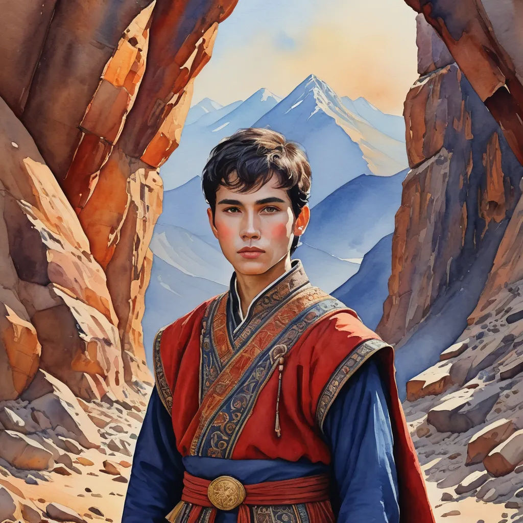a painting of a man in a red and blue outfit standing in a rocky area with mountains in the background, fantasy art, a detailed painting, Drew Struzan, rossdraws global illumination