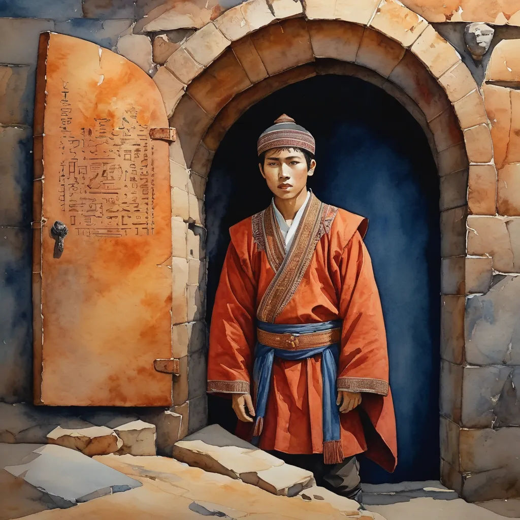 a painting of a man in a red robe standing in front of a doorway with a stone wall and a stone door, photorealism, a watercolor painting, Byeon Sang-byeok, in gouache detailed paintings