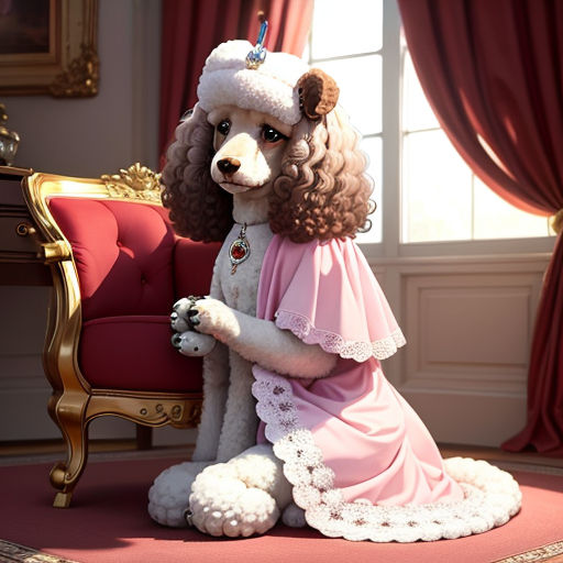 a poodle in a pink dress sitting on a red couch in a room with a red chair and a red carpet