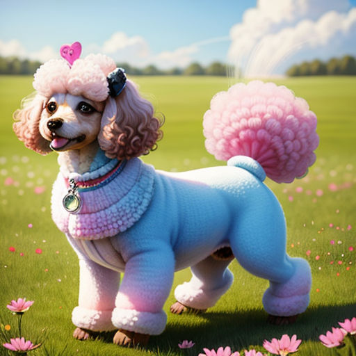 a poodle dog with a pink poodle on its head standing in a field of flowers with a pink poodle