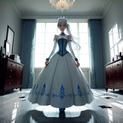 a woman in a white and blue dress standing in a room with a chandelier and a window
