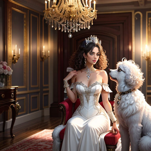 a woman in a white dress sitting next to a dog in a room with chandeliers and a chandelier
