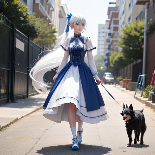 a woman in a blue and white dress walking a dog on a leash on a sidewalk next to a fence