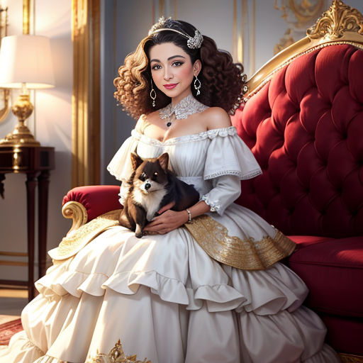 a woman in a white dress sitting on a red chair with a dog in her lap and a gold trimmed collar