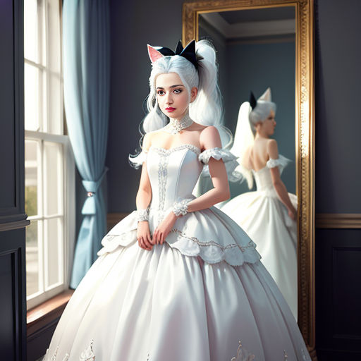 a woman in a white dress standing in front of a mirror wearing a cat costume and a black bow