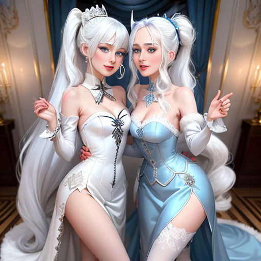 two women dressed in white and blue posing for a picture together in a room with a blue curtain and a blue curtain