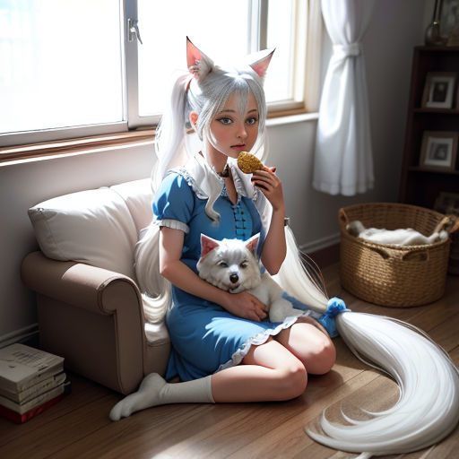 a woman in a blue dress holding a white dog on a couch in a room with a window and a basket