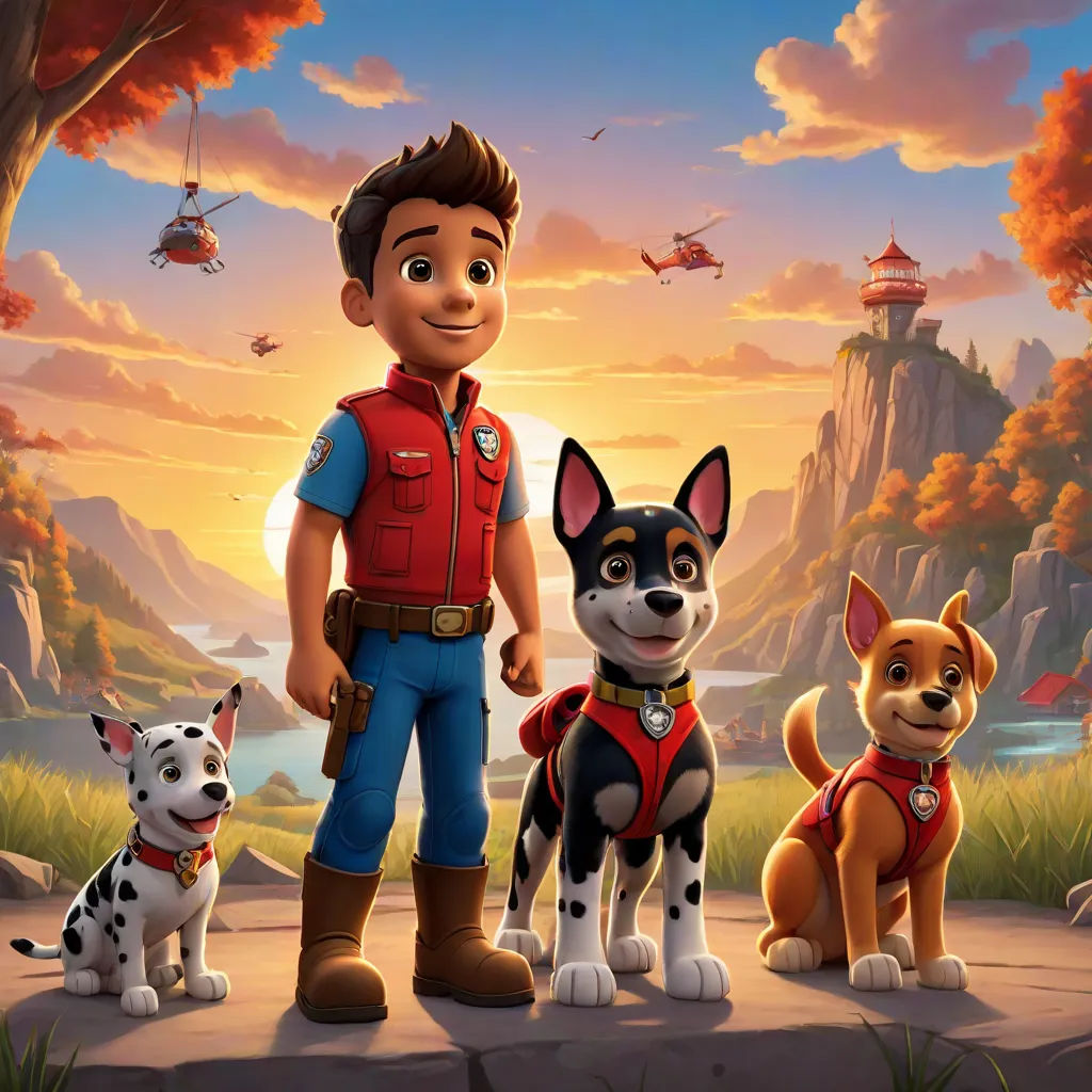 a cartoon character standing next to two dogs in front of a mountain and a lake with a helicopter in the sky, Charles Fremont Conner, sots art, poster art, promotional image