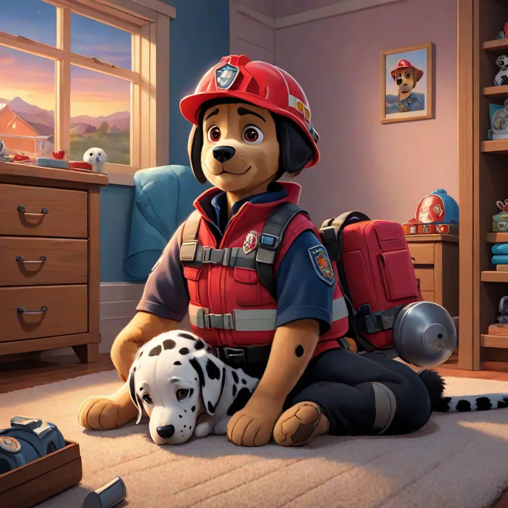 a dog in a fireman's uniform sitting on the floor with a dog in a room with toys, Chris LaBrooy, furry art, concept art, official art