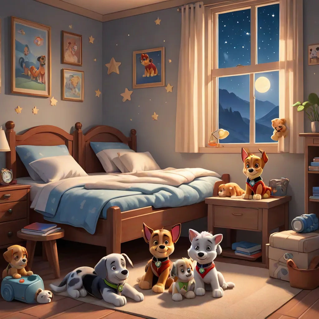 a bedroom with a bed, a dresser, and a dog on the floor in front of a window, Chris LaBrooy, furry art, a storybook illustration, highly detailed digital painting