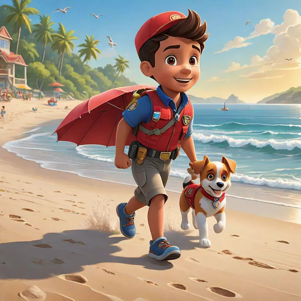 a boy with a red hat and a red umbrella walking a dog on a beach with a beach house in the background, Chris LaBrooy, sots art, concept art, key art