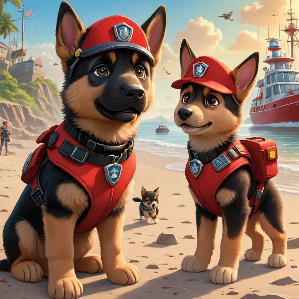 two dogs wearing red vests and hats on a beach with a ship in the background and a dog in the foreground, Cliff Childs, furry art, concept art, key art