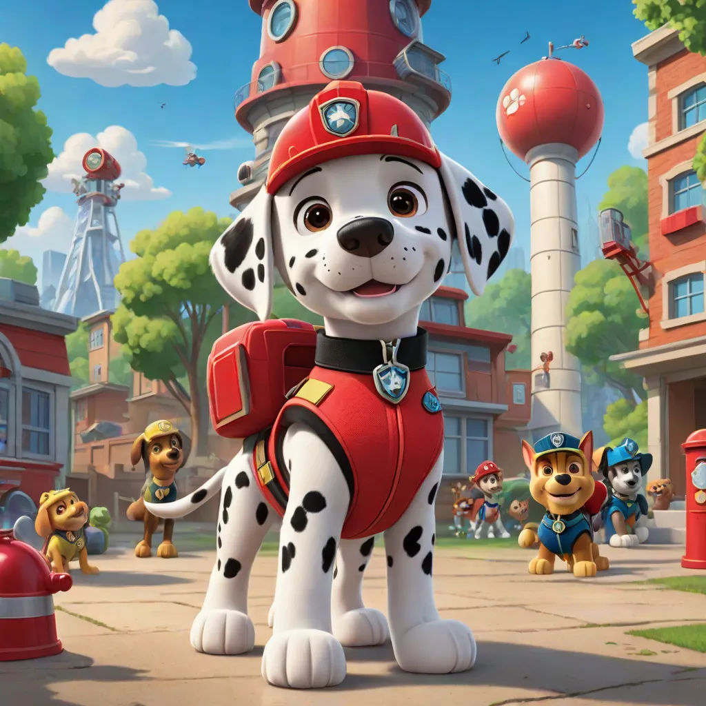 a cartoon dog with a fireman's hat and uniform on, standing in front of a fire hydrant, Diego Gisbert Llorens, furry art, concept art, promotional image