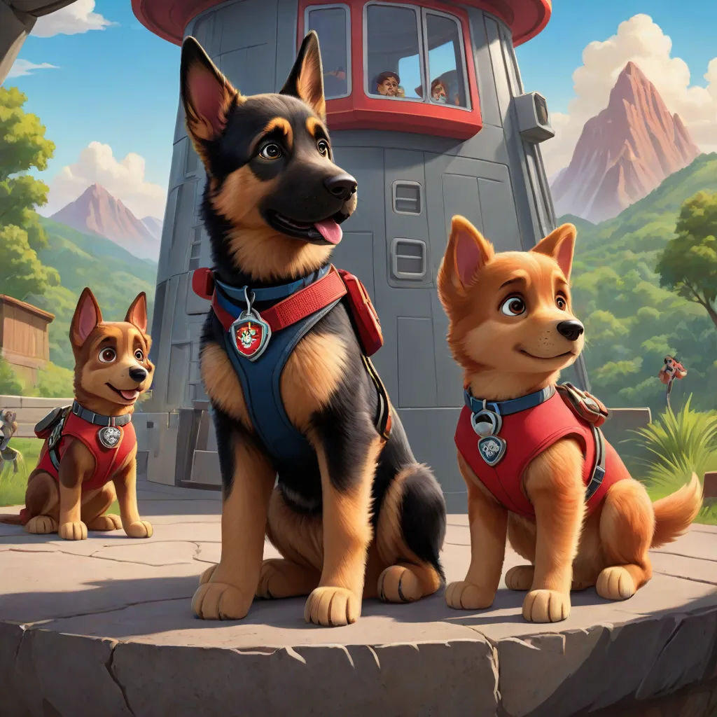 a couple of dogs sitting on top of a stone platform next to a building and a dog in a harness, Aaron Jasinski, sots art, concept art, key art