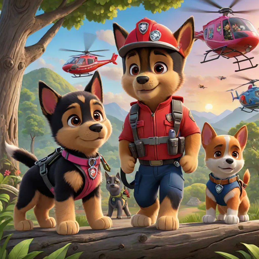 a cartoon dog and two dogs are standing on a log in front of a helicopter and a helicopter with a man, Charles Fremont Conner, furry art, concept art, promotional image