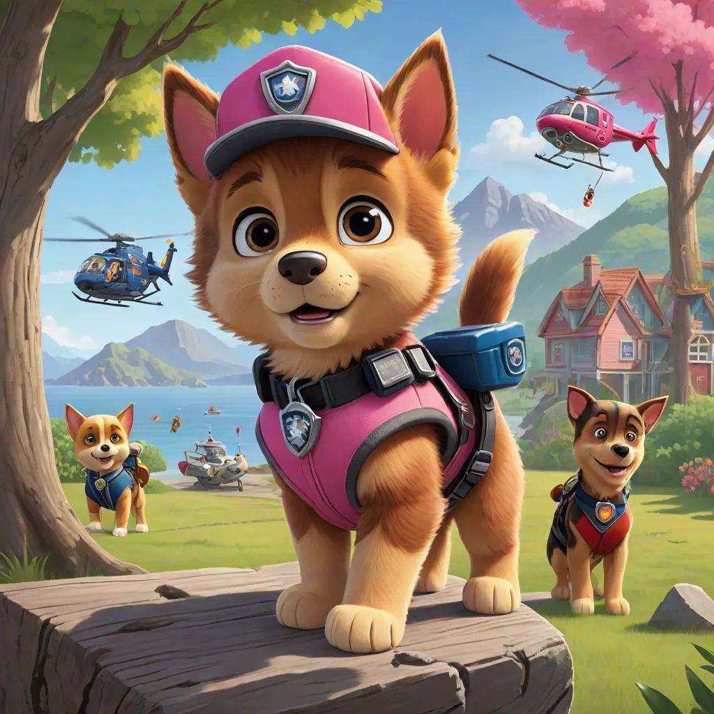 a dog with a pink vest and a pink hat on a rock in front of a tree and a helicopter, Chris LaBrooy, sots art, concept art, promotional image