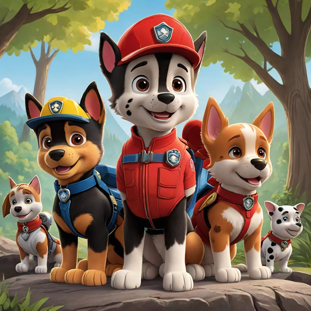 a cartoon dog with four dogs in a forest with trees and a fireman's hat on his head, Charles Fremont Conner, furry art, poster art, promotional image