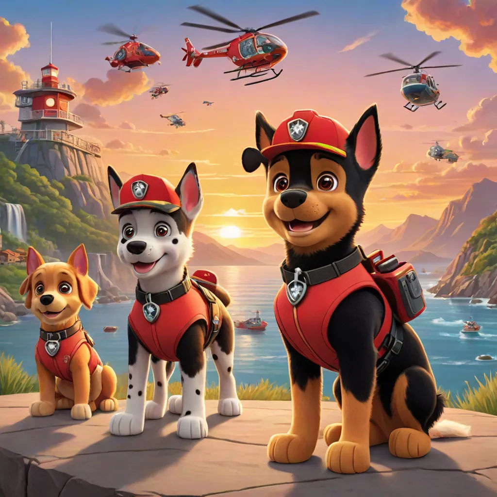 a group of dogs standing on top of a cliff next to a helicopter flying over a lake and a lighthouse, disney, furry art, a poster, promotional image