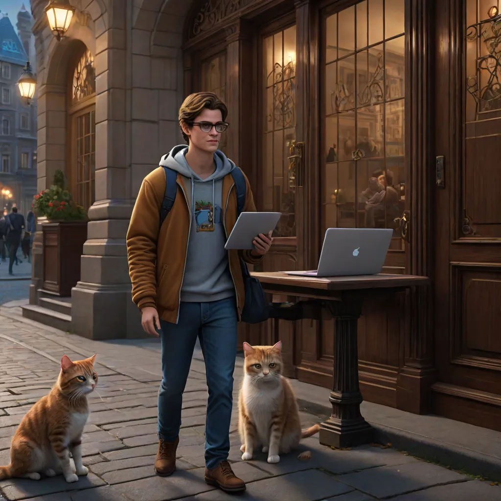 a man standing on a sidewalk with two cats and a laptop computer in front of him and a cat sitting on the sidewalk, photorealism, a computer rendering, Evgeny Lushpin, ultra realistic digital art