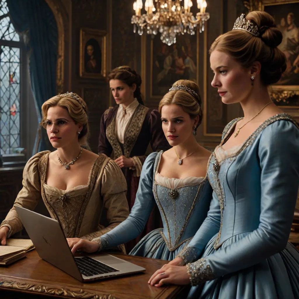 a group of women in dresses sitting at a table with a laptop computer in front of them and a man in a suit standing behind them, renaissance, a renaissance painting, David Teniers III, promotional image