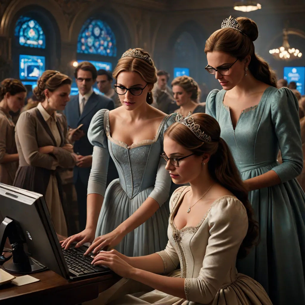 a group of women in dresses looking at a laptop computer screen in a room full of people in formal wear, rococo, computer graphics, Anne Said, movie still