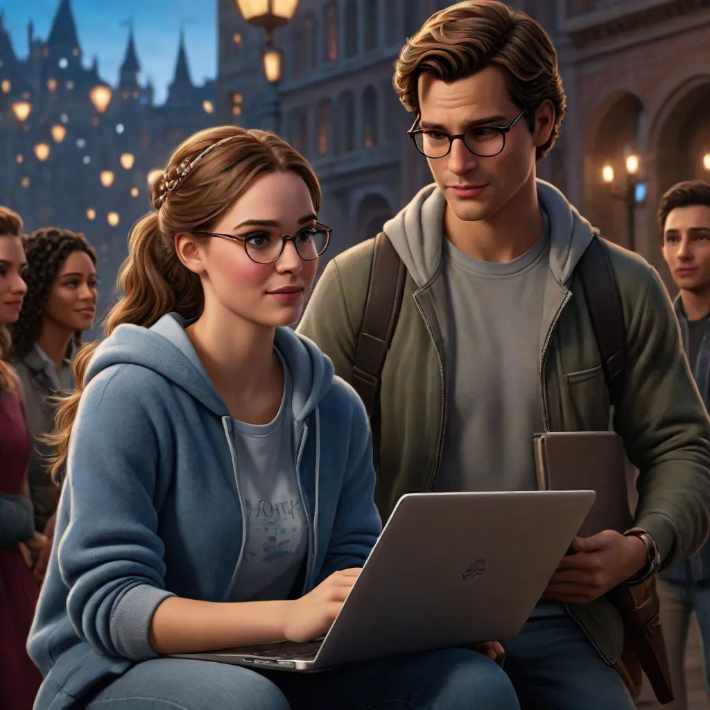 a man and a woman sitting on a bench looking at a laptop computer in front of a crowd of people, sots art, computer graphics, Alton Tobey, official art