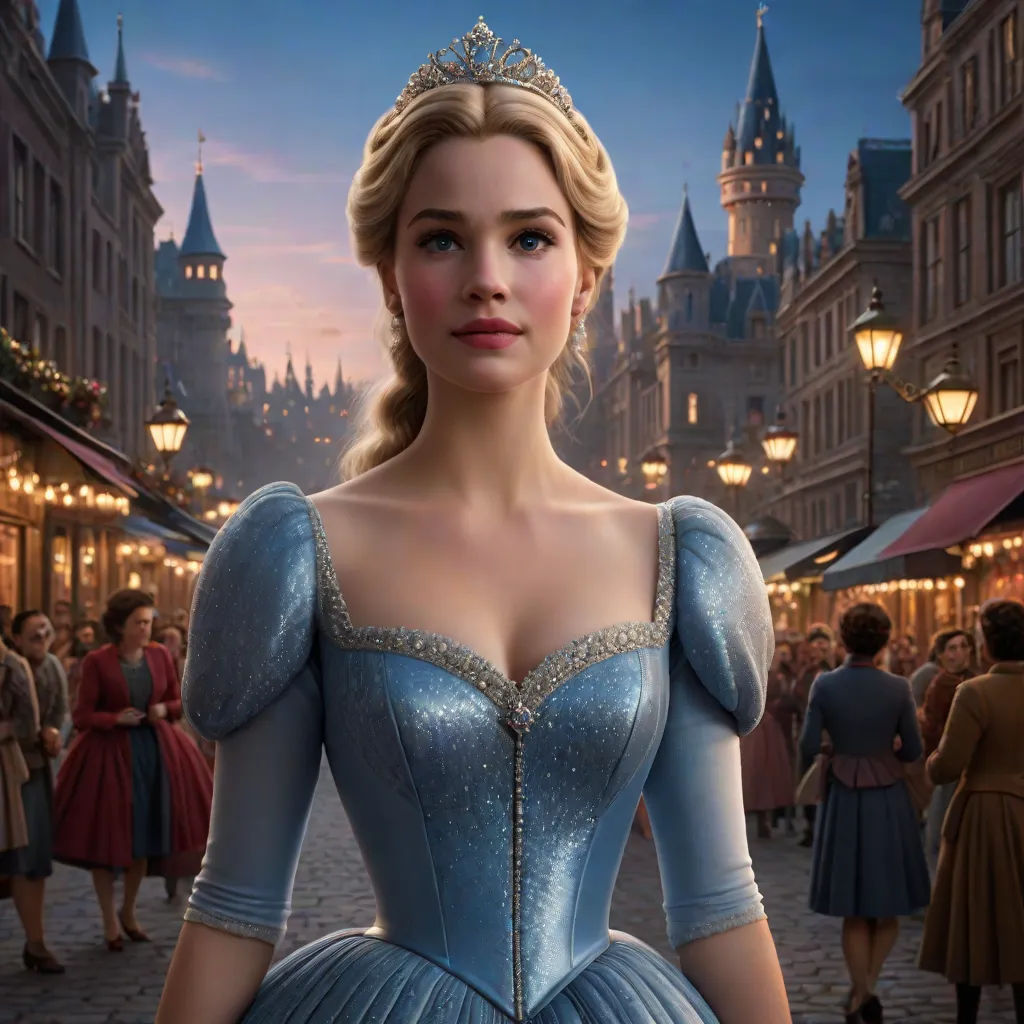 a woman in a blue dress standing in front of a crowd of people in a city at night with a castle in the background, magical realism, a detailed matte painting, disney, rossdraws global illumination