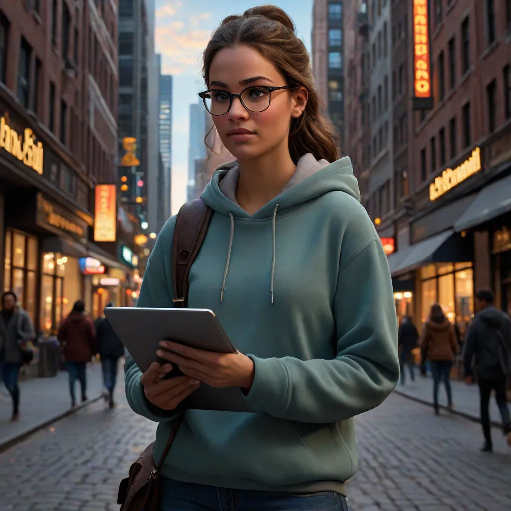 a woman in a blue sweatshirt is using a tablet on a city street at dusk with people walking around, hyperrealism, a stock photo, Evgeny Lushpin, city background