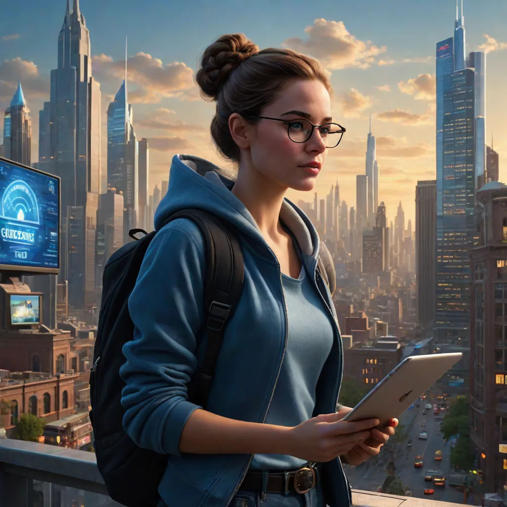 a woman in a blue jacket and glasses holding a tablet in her hands and looking at the screen of a city, retrofuturism, a computer rendering, Eddie Mendoza, ultra realistic digital art