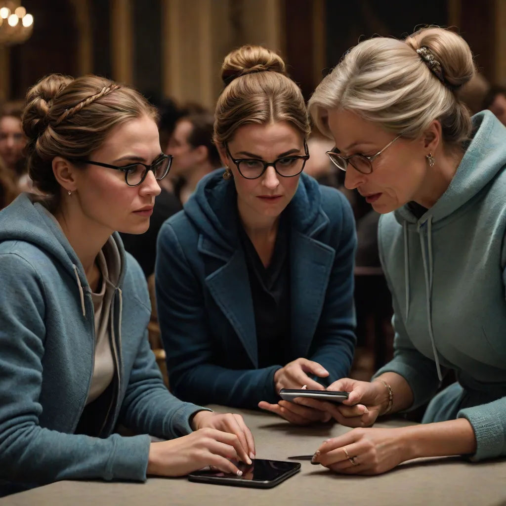 three women sitting at a table looking at a cell phone together, with one of them looking at the screen, les automatistes, a renaissance painting, Anne Said, movie still