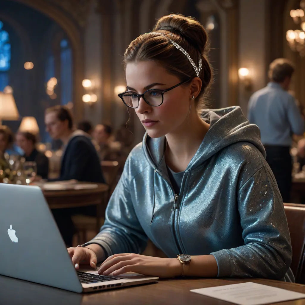 a woman sitting at a table using a laptop computer in a restaurant with people sitting at tables in the background, academic art, a stock photo, Echo Chernik, movie still