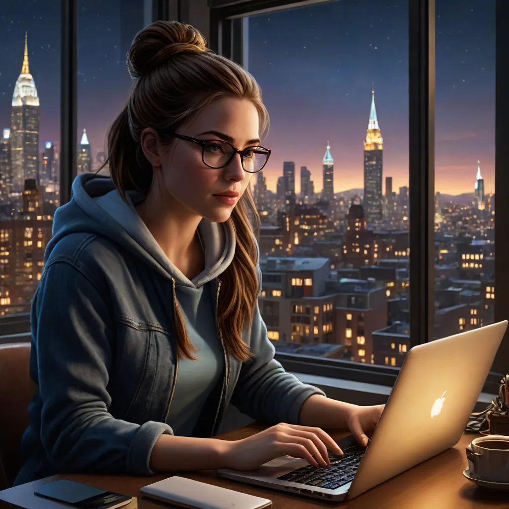 a woman sitting at a desk with a laptop computer in front of her, looking out a window at the city, computer art, a computer rendering, Alena Aenami, dan mumford. octane render