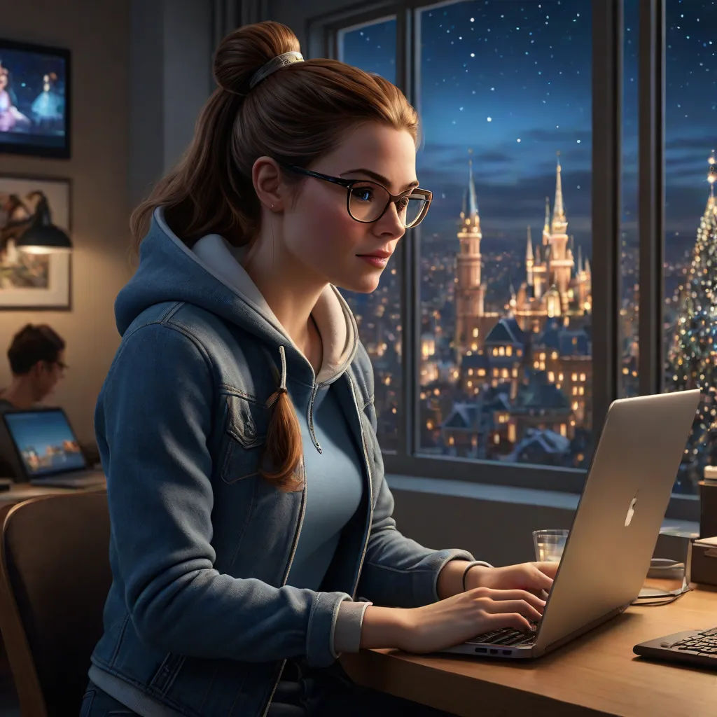 a woman sitting at a desk with a laptop computer in front of her and a city view outside of the window, photorealism, a computer rendering, Evgeny Lushpin, ultra realistic digital art