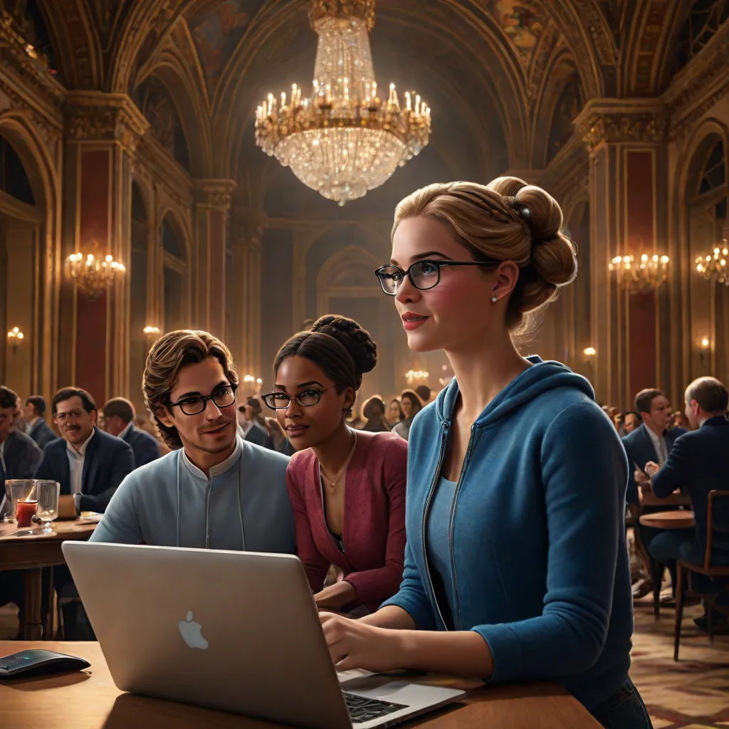 a group of people sitting at a table with a laptop computer in front of them and a chandelier in the background, les automatistes, a computer rendering, Bourgeois, vfx