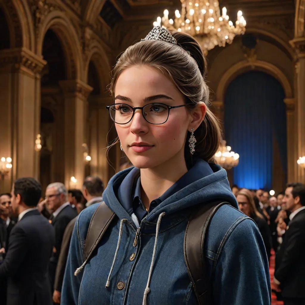a woman wearing glasses and a tiara in a room full of people with chandeliers on the ceiling, rococo, a character portrait, Claire Falkenstein, promotional image