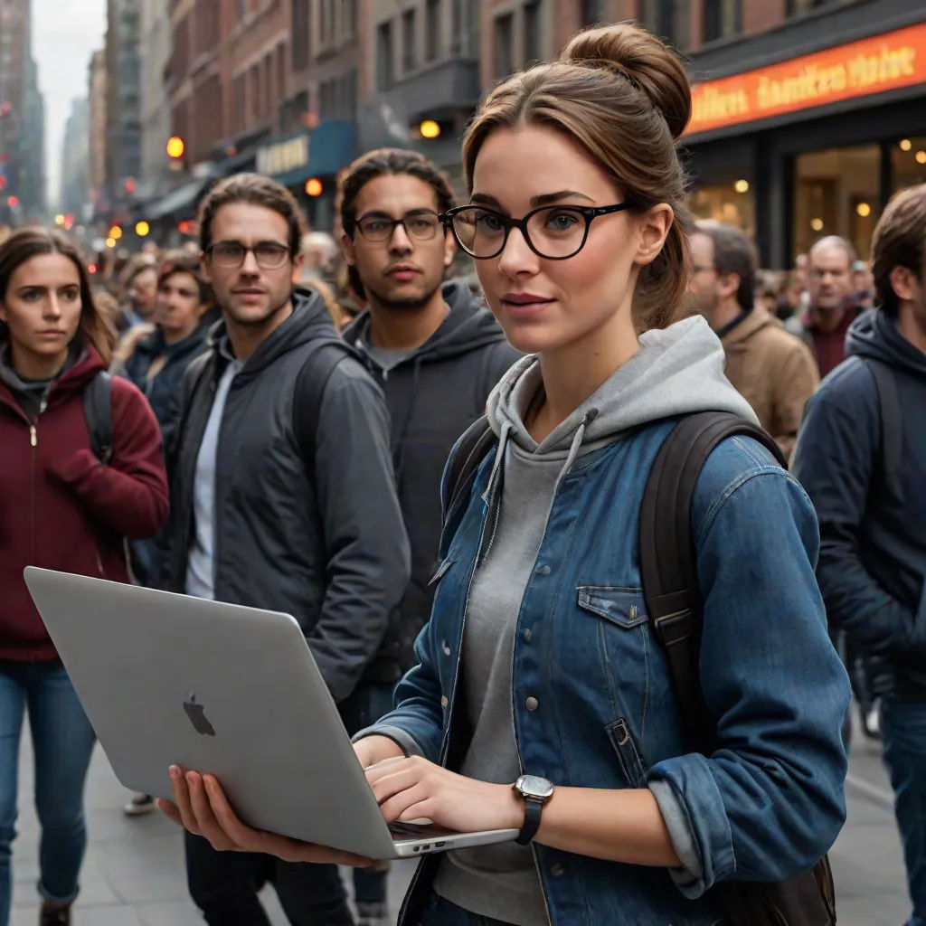 a woman with glasses on using a laptop on a crowded street in a city with people walking by and a man in a hoodie, net art, a stock photo, Bourgeois, affinity photo