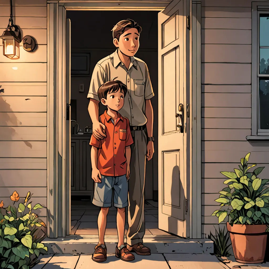 a man and a boy standing in front of a house with a door open and a potted plant, american realism, a comic book panel, Asaf Hanuka, graphic novel
