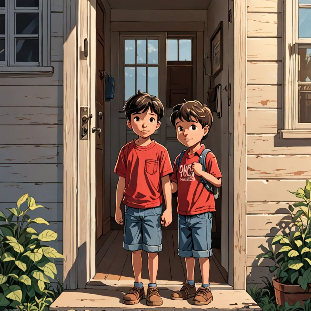 two young boys standing in front of a door of a house with a plant in front of them and a potted plant in front of the door, photorealism, a storybook illustration, Brothers Hildebrandt, rossdraws global illumination