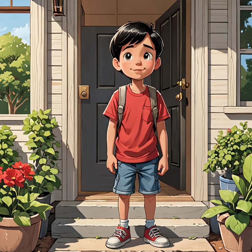 a boy standing in front of a house with a backpack on his shoulder and a backpack on his shoulder, photorealism, a storybook illustration, Aaron Jasinski, rossdraws global illumination