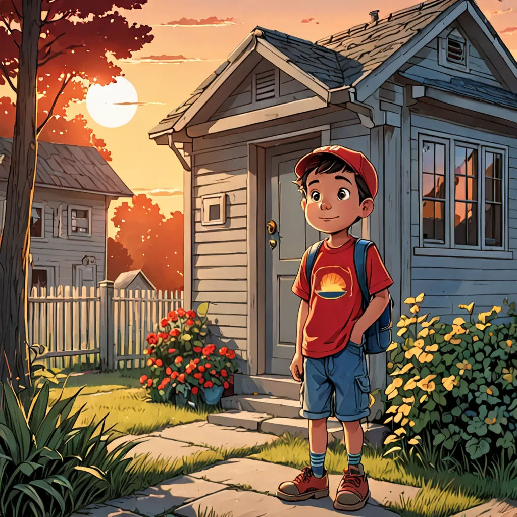 a boy standing in front of a house with a backpack on his back and a house in the background, american scene painting, a storybook illustration, Chris LaBrooy, rossdraws global illumination